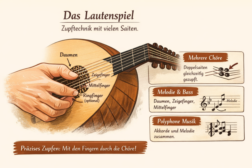 Das Zupfen der Laute erklärt